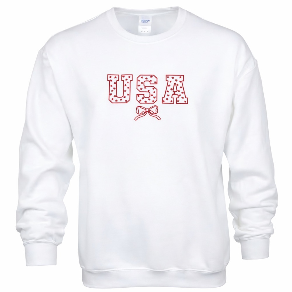 USA Bow Graphic Crewneck Sweatshirt Patriotic Stars Gildan‎ Cozy Casual